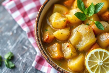 Zesty Greek lemon potato stew, a flavorful citrus classic.