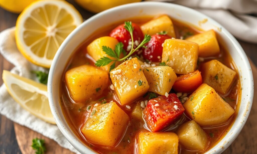 Zesty Greek lemon potato stew: citrus-infused, vibrant, sun-drenched shores.