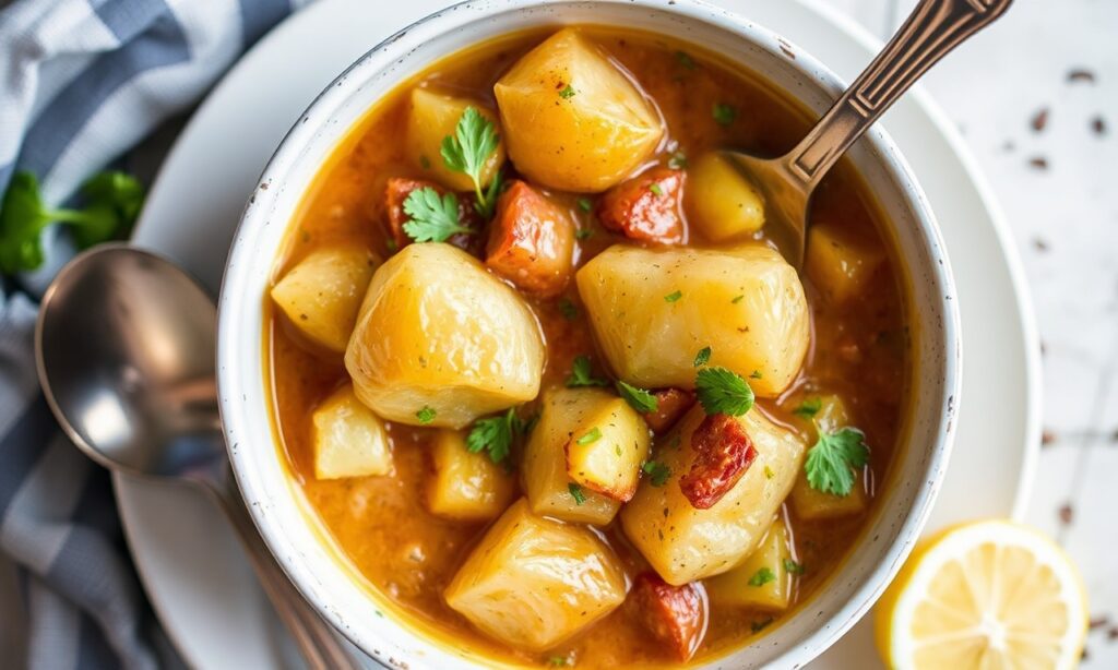 Zesty Greek lemon potato stew: vibrant citrus-infused Mediterranean classic.