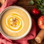 Cozy blend: Warm parsnip apple soup delight, perfect for autumn.