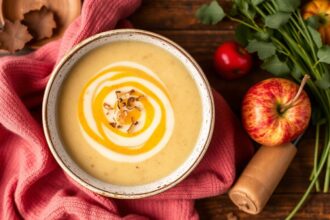 Cozy blend: Warm parsnip apple soup delight, perfect for autumn.