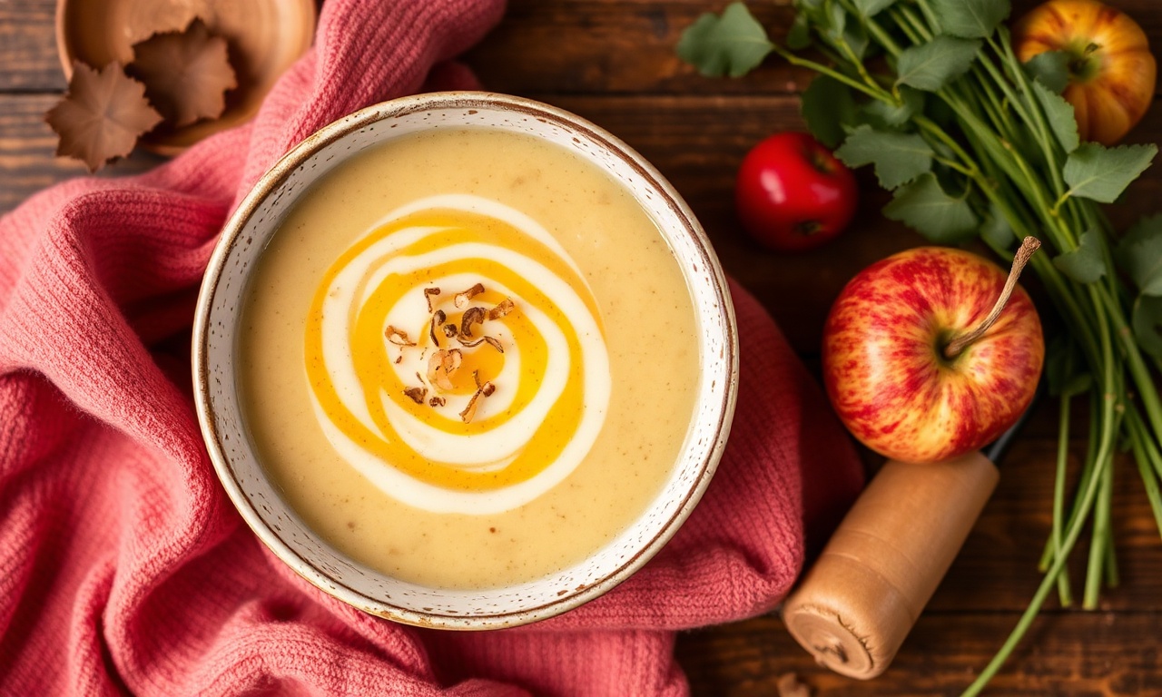 Cozy blend: Warm parsnip apple soup delight, perfect for autumn.
