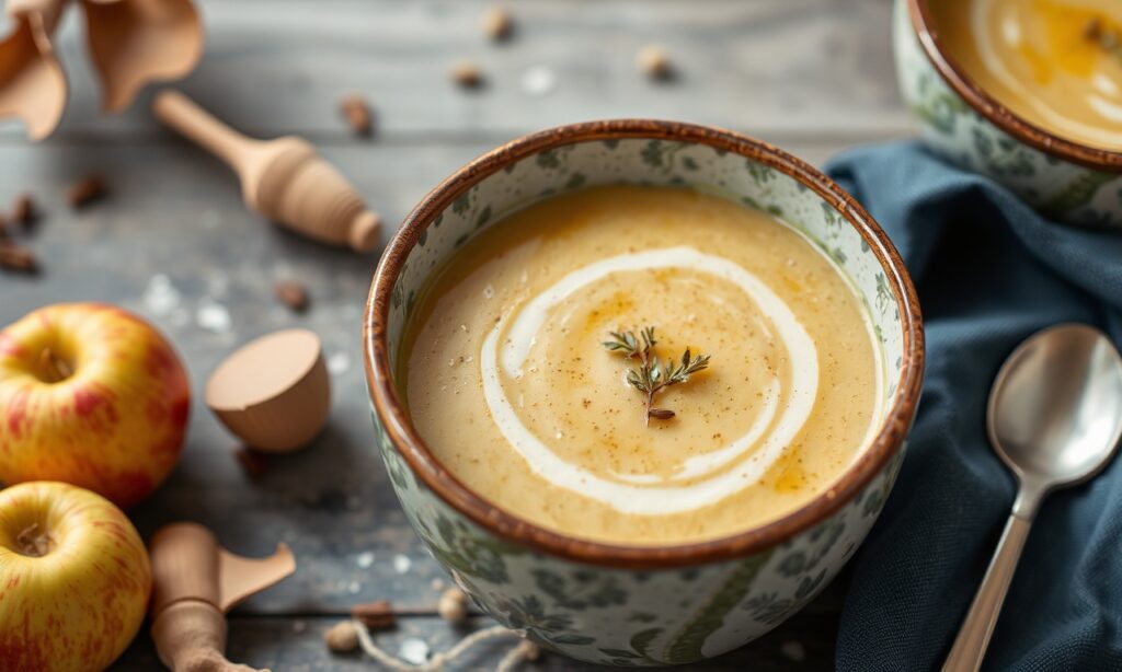 Cozy Blend: Parsnip apple soup, autumn comfort food delight.