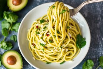 Fresh creamy vegan zucchini noodles with avocado pesto.