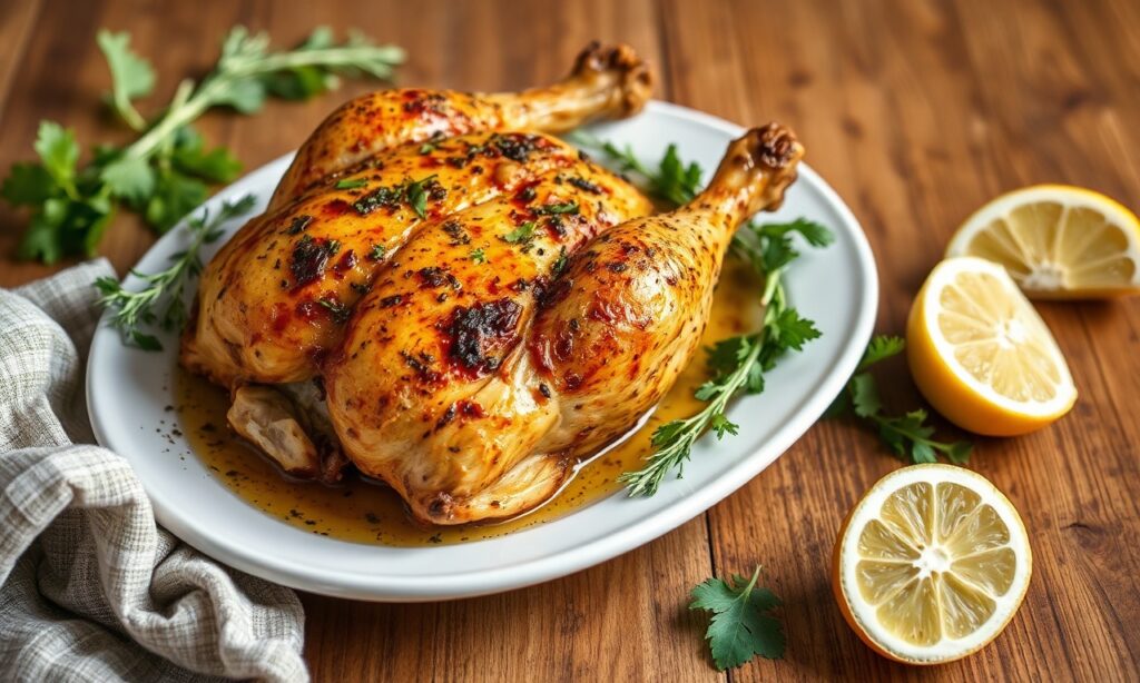 Perfecting Mediterranean roasted chicken: golden, herbaceous, sun-kissed.