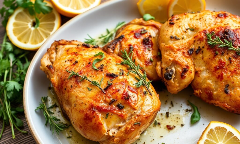 Perfecting Mediterranean roasted chicken: golden, herbaceous, sun-kissed delight.