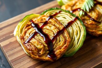 Savory cabbage steaks with caramelized edges and tangy balsamic glaze.