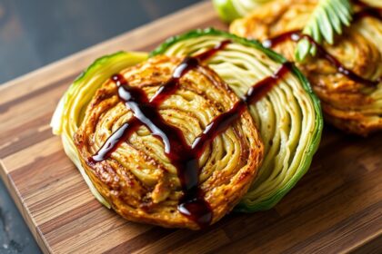 Savory cabbage steaks with caramelized edges and tangy balsamic glaze.