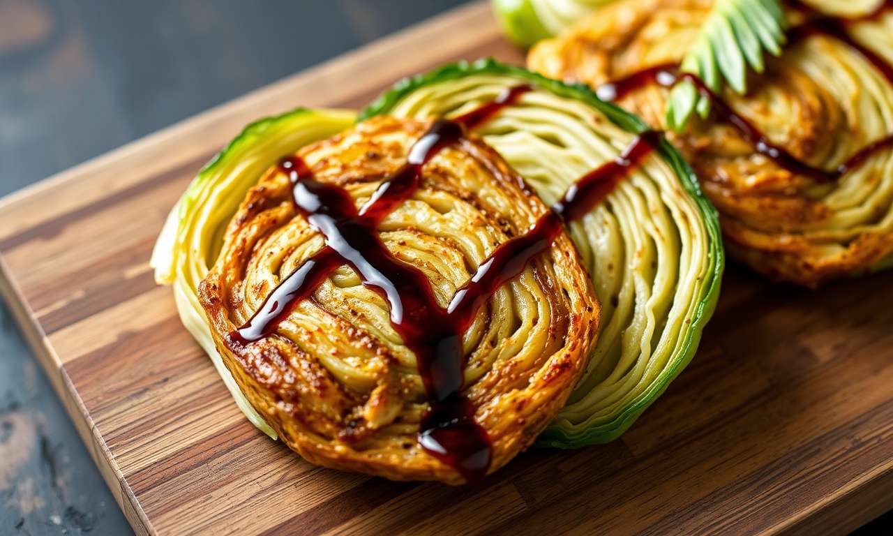 Savory cabbage steaks with caramelized edges and tangy balsamic glaze.