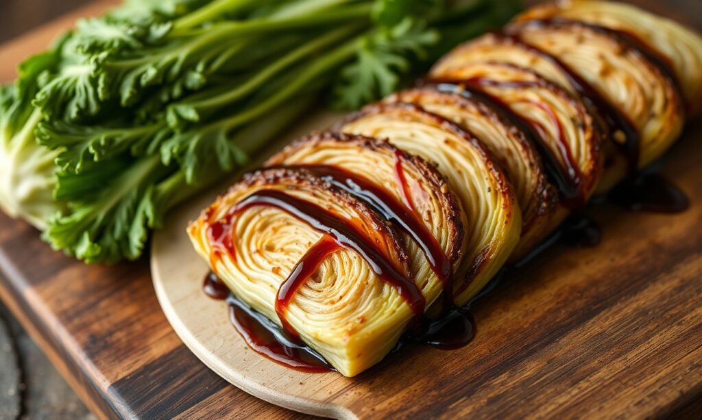 Savory cabbage steaks, caramelized and drizzled with balsamic glaze.