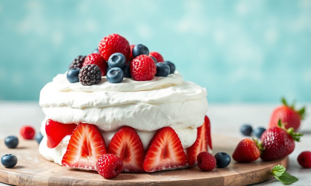 Summer berry pavlova dessert, light and fruity delight.