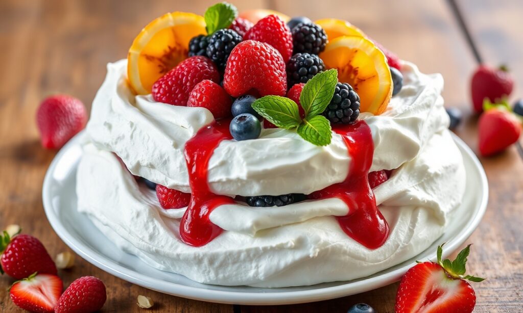 Summer Berry Pavlova: light, fruity dessert with fresh berries.
