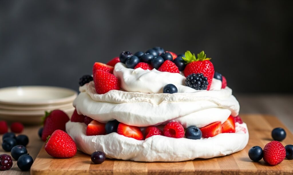 Summer Berry Pavlova: light, fruity dessert with fresh berries.
