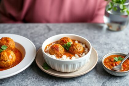 Hearty red lentil kofta curry, vegan delight.