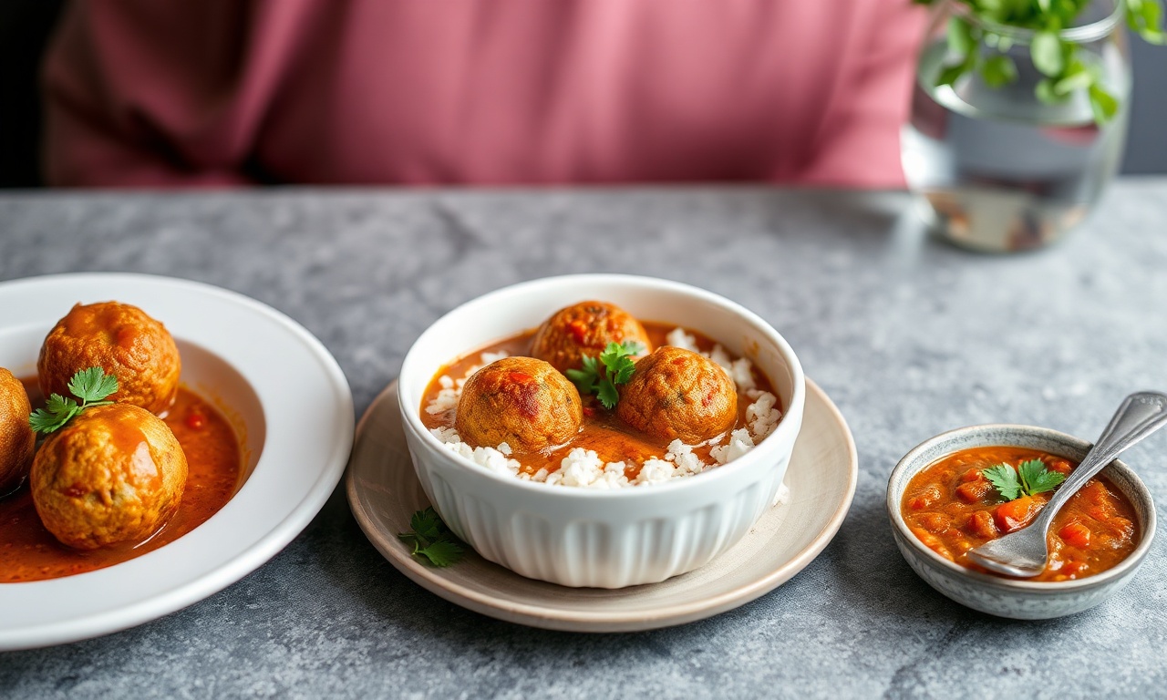 Hearty red lentil kofta curry, vegan delight.
