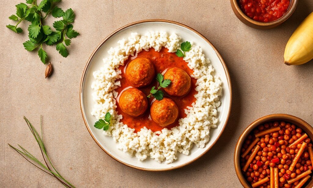 Hearty Red lentil kofta curry, vegan delight, flavorful spices.