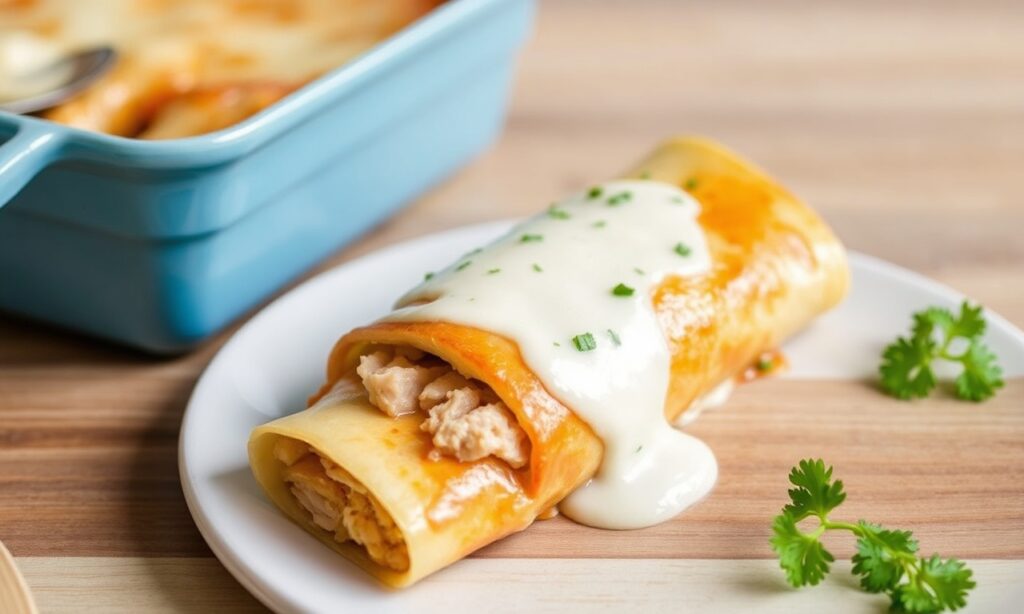Creamy chicken enchiladas suizas: Swiss-Mexican fusion comfort food.