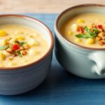 Creamy corn potato chowder, a hearty harvest delight.
