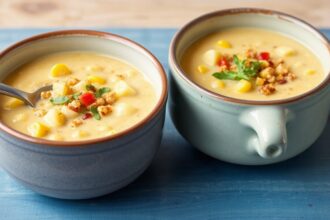 Creamy corn potato chowder, a hearty harvest delight.