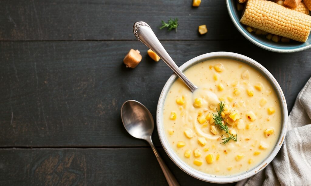 Creamy corn and potato chowder, hearty harvest delight.