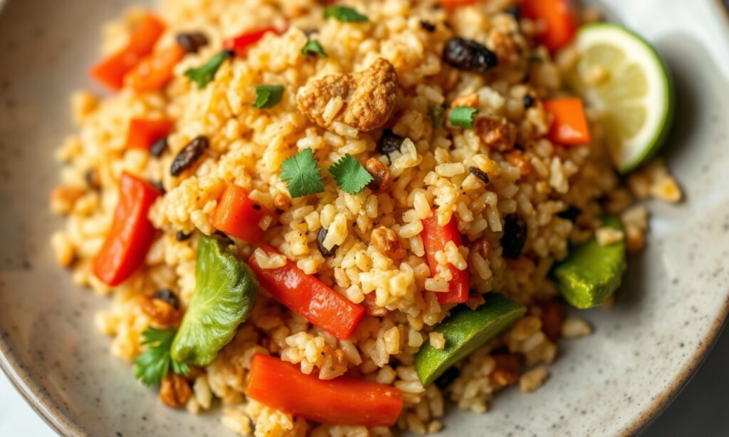 Nutritious quinoa fried rice with vibrant vegetables.
