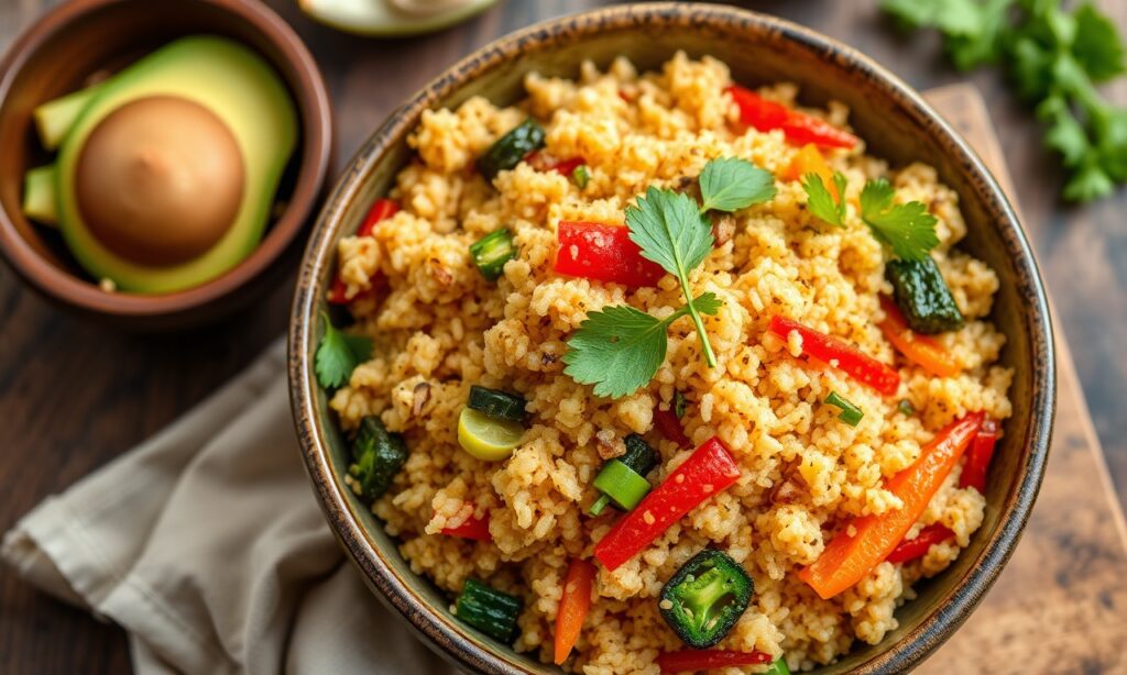 Vibrant quinoa fried rice with colorful vegetables, a healthy twist.