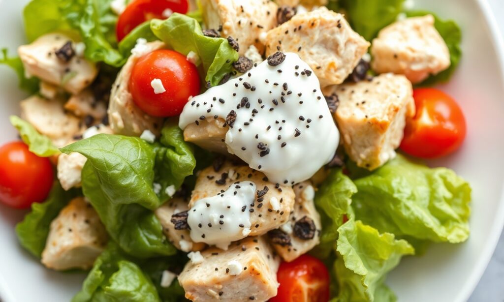 Healthy creamy chicken salad with Greek yogurt for a nutritious meal.