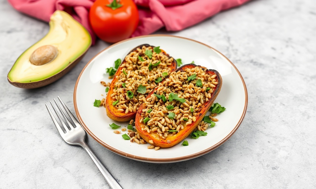 Hearty stuffed roasted vegetables with nutty fonio grain recipe.