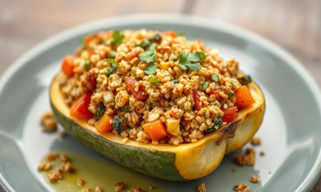Hearty stuffed roasted vegetables with nutty fonio grain, a satisfying and colorful meal.