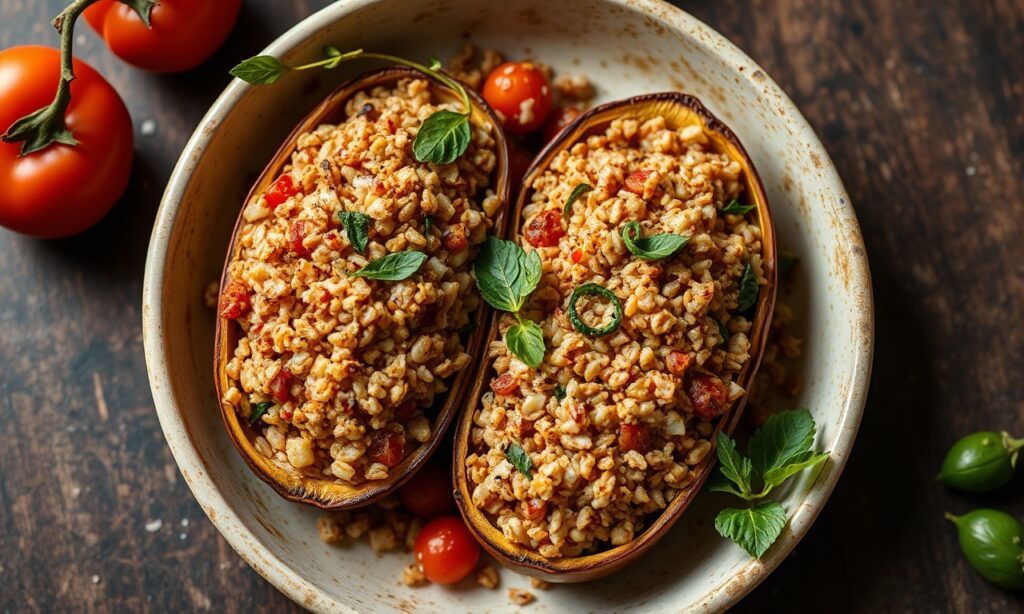 Hearty stuffed roasted vegetables with nutty fonio grain.