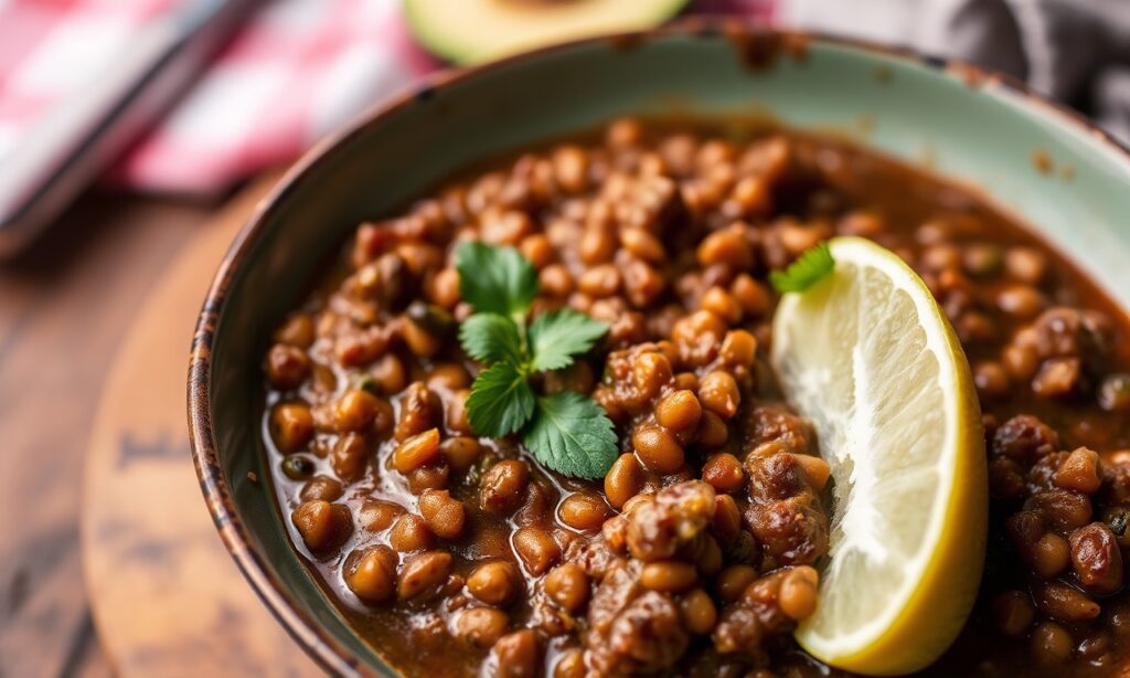 Hearty Cuban picadillo with lentils, a flavorful, classic dish.