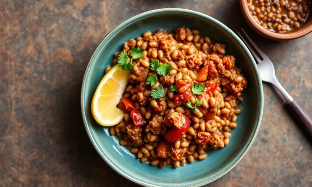 Hearty Cuban picadillo with lentils, a flavorful classic dish.
