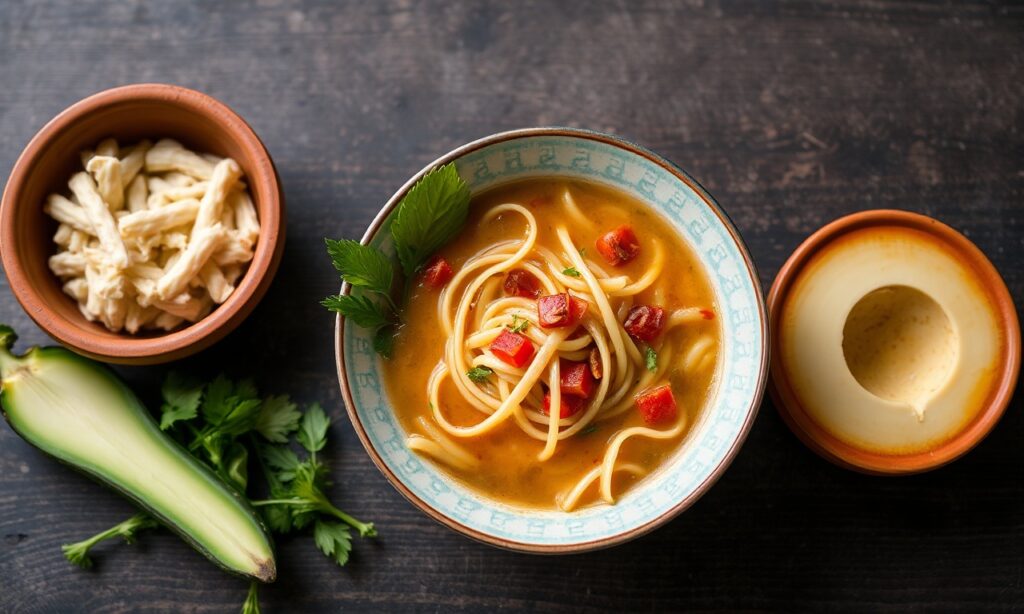 Sopa de fideo: Authentic Mexican noodle soup in bustling kitchens.