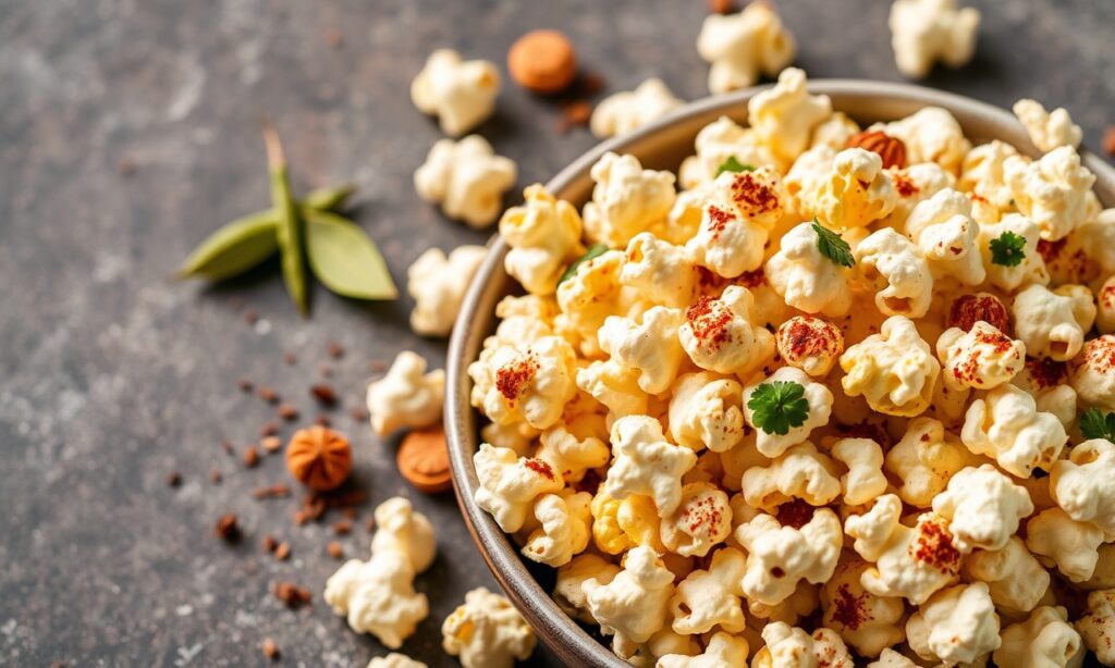 Indian spiced popcorn twist: crunchy, comforting, satisfying snack.