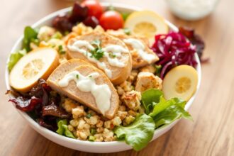 Healthy twist chicken Cobb salad with light dressing.