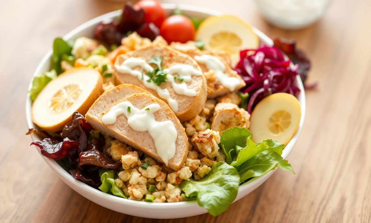 Healthy twist chicken Cobb salad with light dressing.