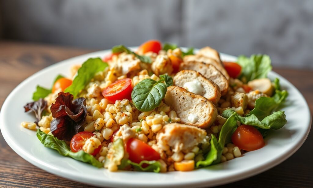 Healthy Twist: Chicken Cobb salad with light dressing.