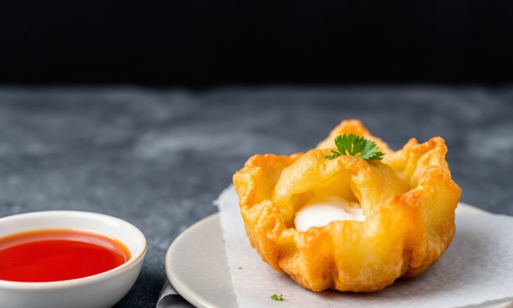Golden crispy Crab Rangoon, creamy filling, tasty origins.