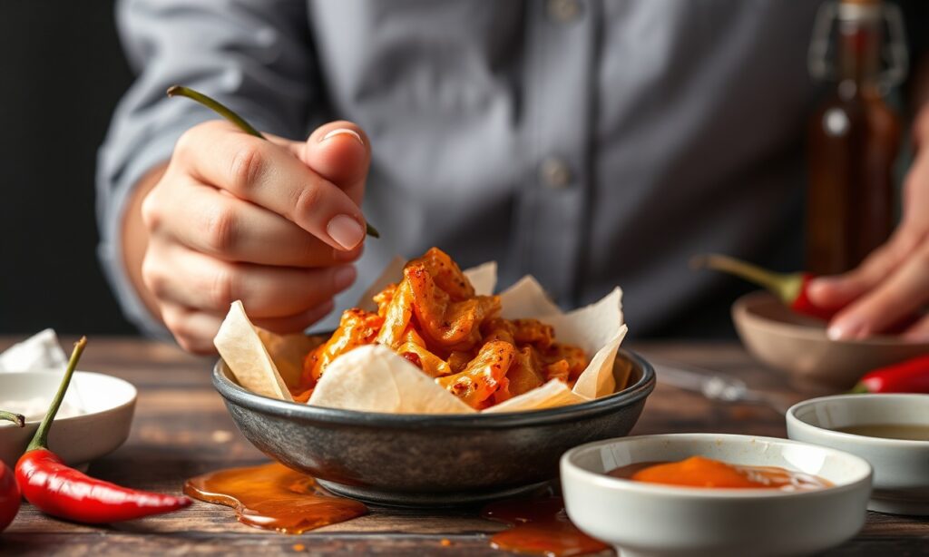 Spice up wontons with chili oil: art explained.
