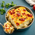 Keto cauliflower breakfast casserole: delicious low-carb morning magic.