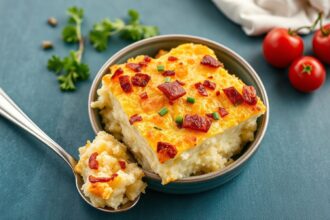 Keto cauliflower breakfast casserole: delicious low-carb morning magic.