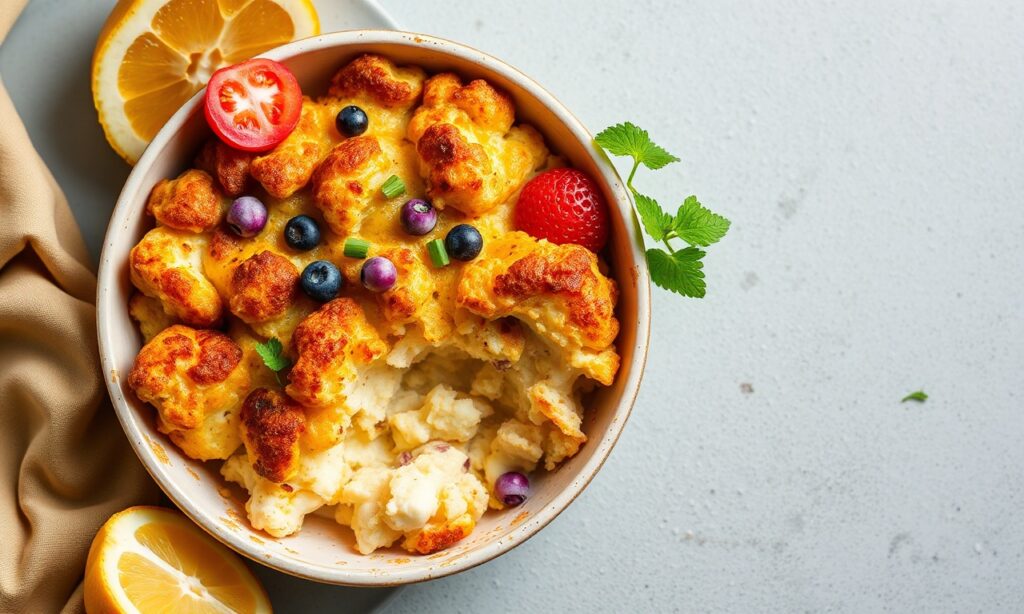 Keto cauliflower breakfast casserole, low-carb, flavorful morning meal.