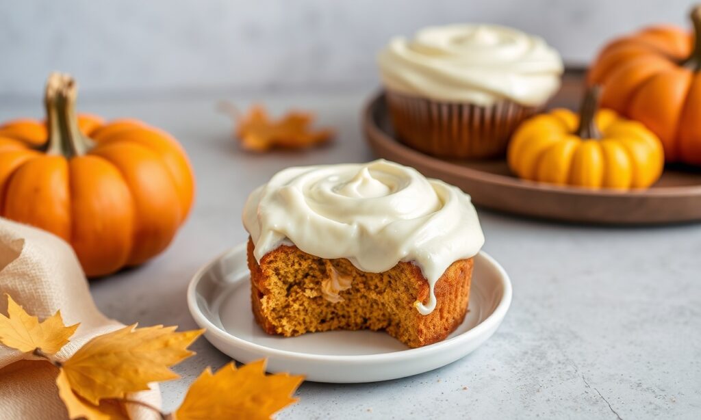 Velvety pumpkin cream cheese frosting swirls on cake.