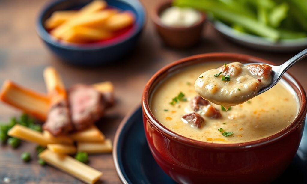 Savor flavor in hearty Philly cheesesteak soup recipe.