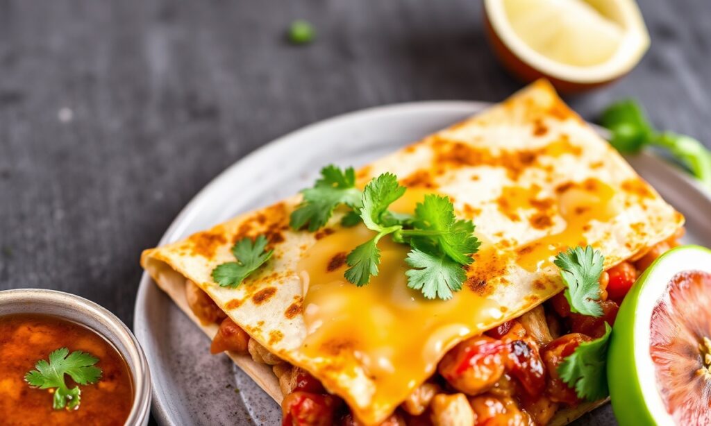 Unlock flavor: Chicken fajita quesadilla, savory and spicy, perfect bite.