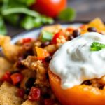 Colorful bell pepper nachos with turkey and beans.