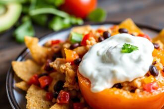 Colorful bell pepper nachos with turkey and beans.