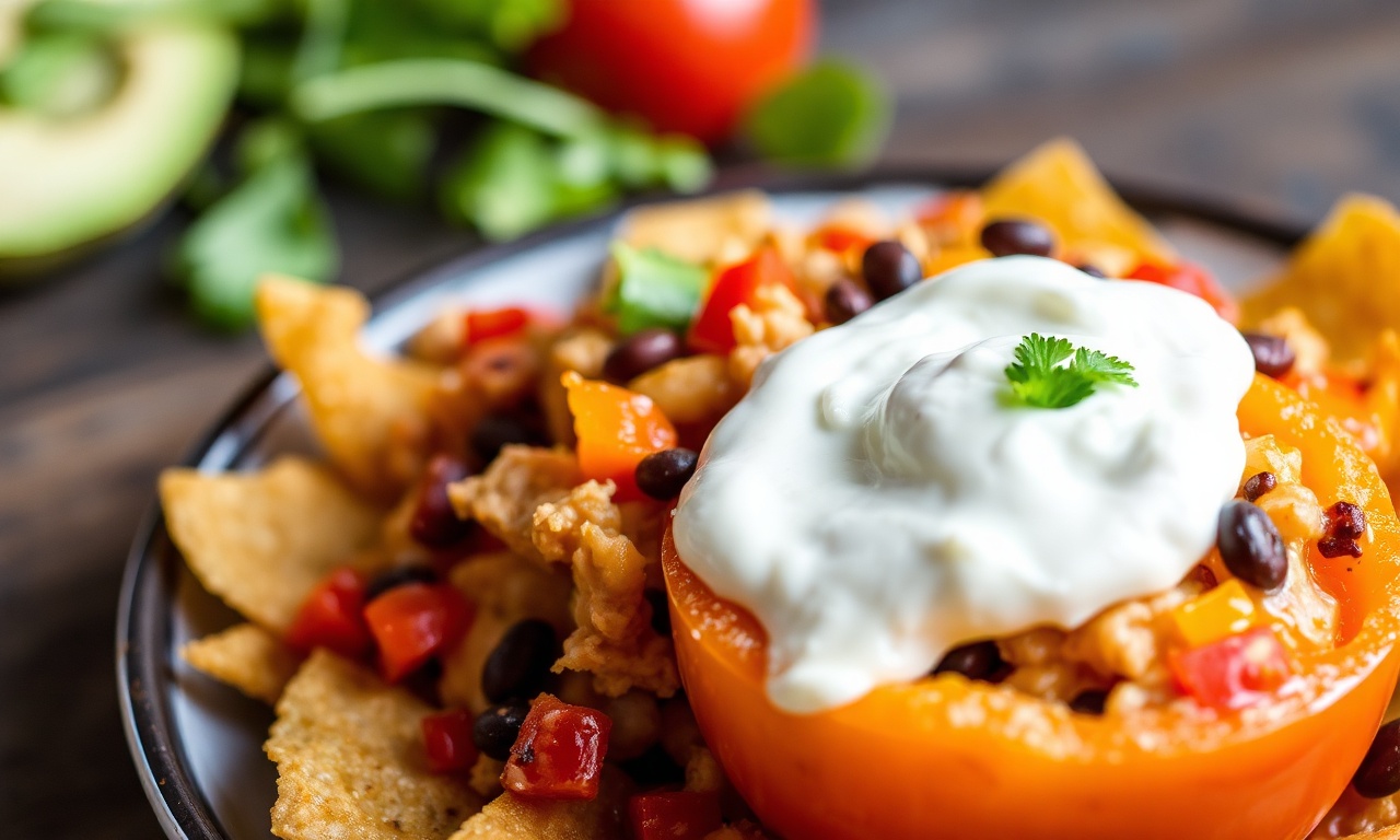 Colorful bell pepper nachos with turkey and beans.