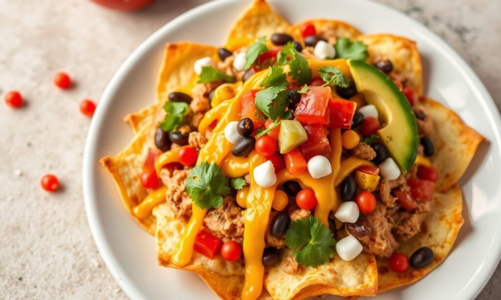 Colorful Bell Pepper nachos with turkey and beans.