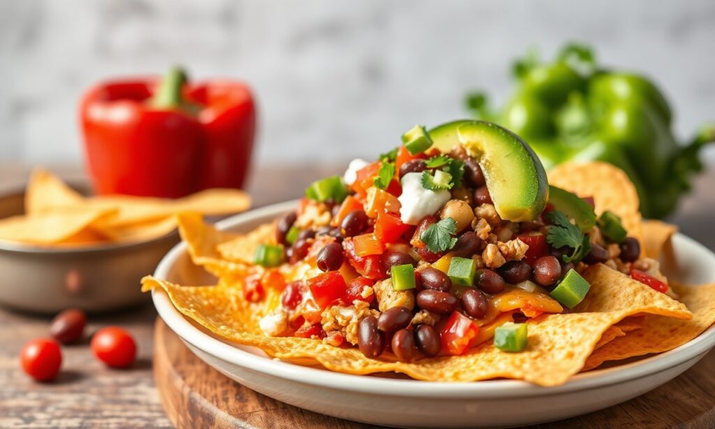 Colorful bell pepper nachos with turkey and beans recipe.